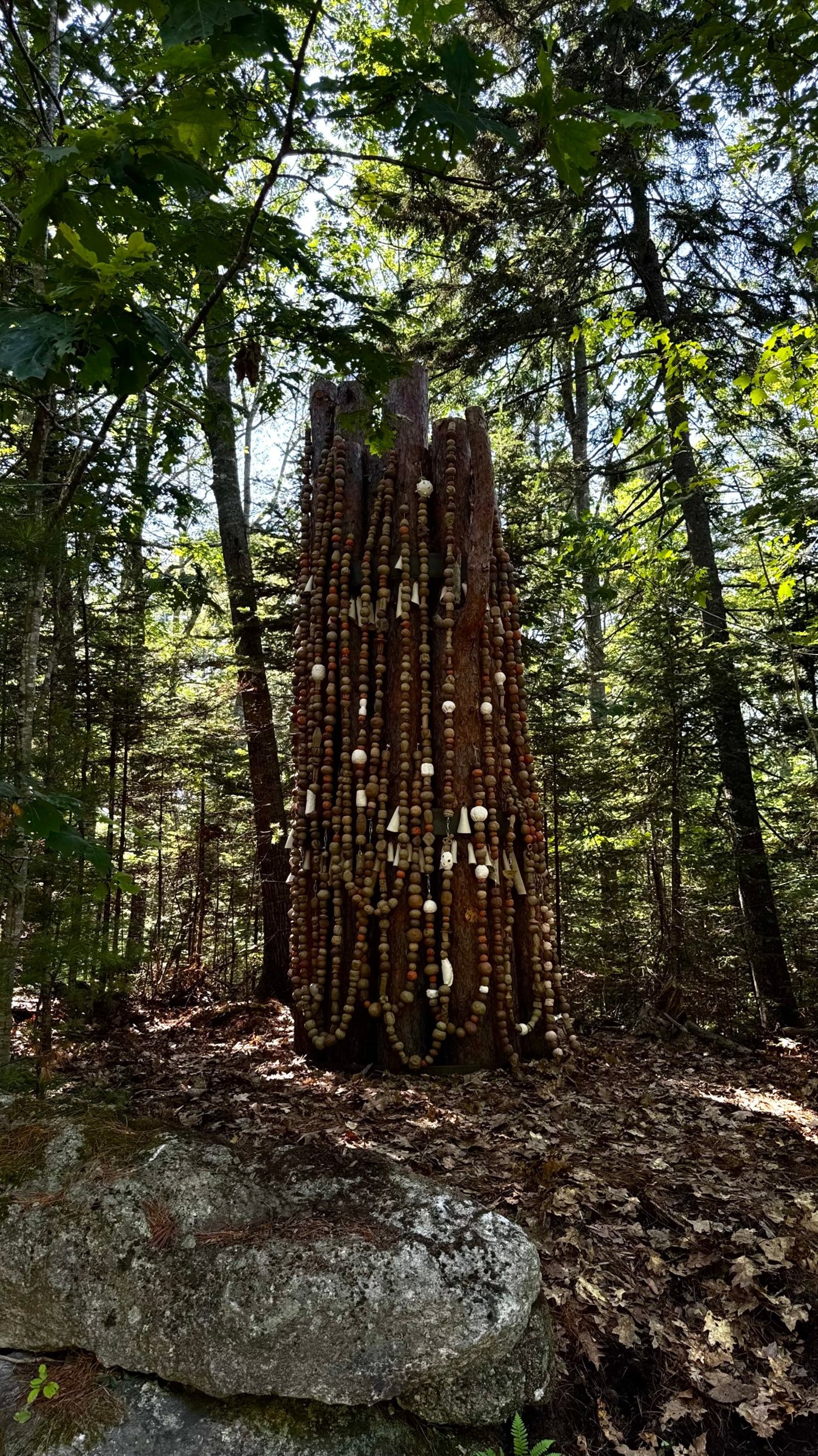 In the Voice of Trees: a bundle of red pine trunks draped in long strands of clay beads, standing in a forest clearing